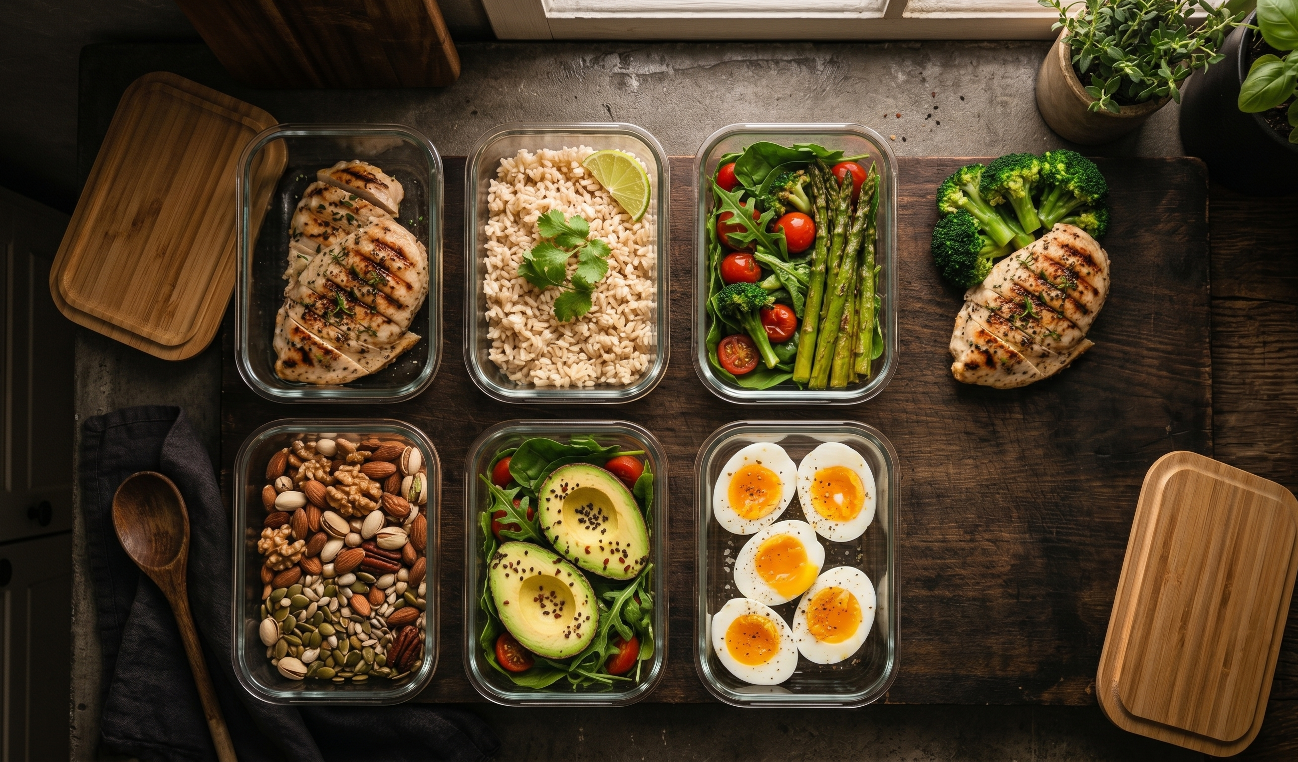 Meal prep containers with protein, carbs, and healthy fats