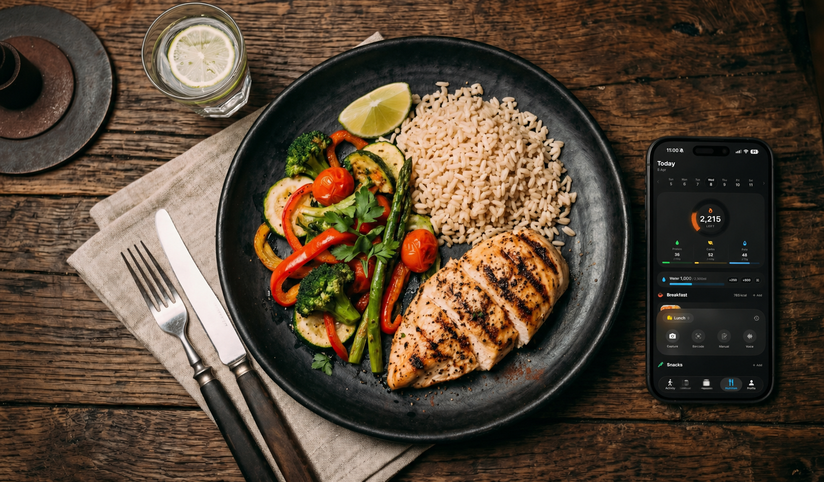 A healthy meal on a dark table next to a smartphone