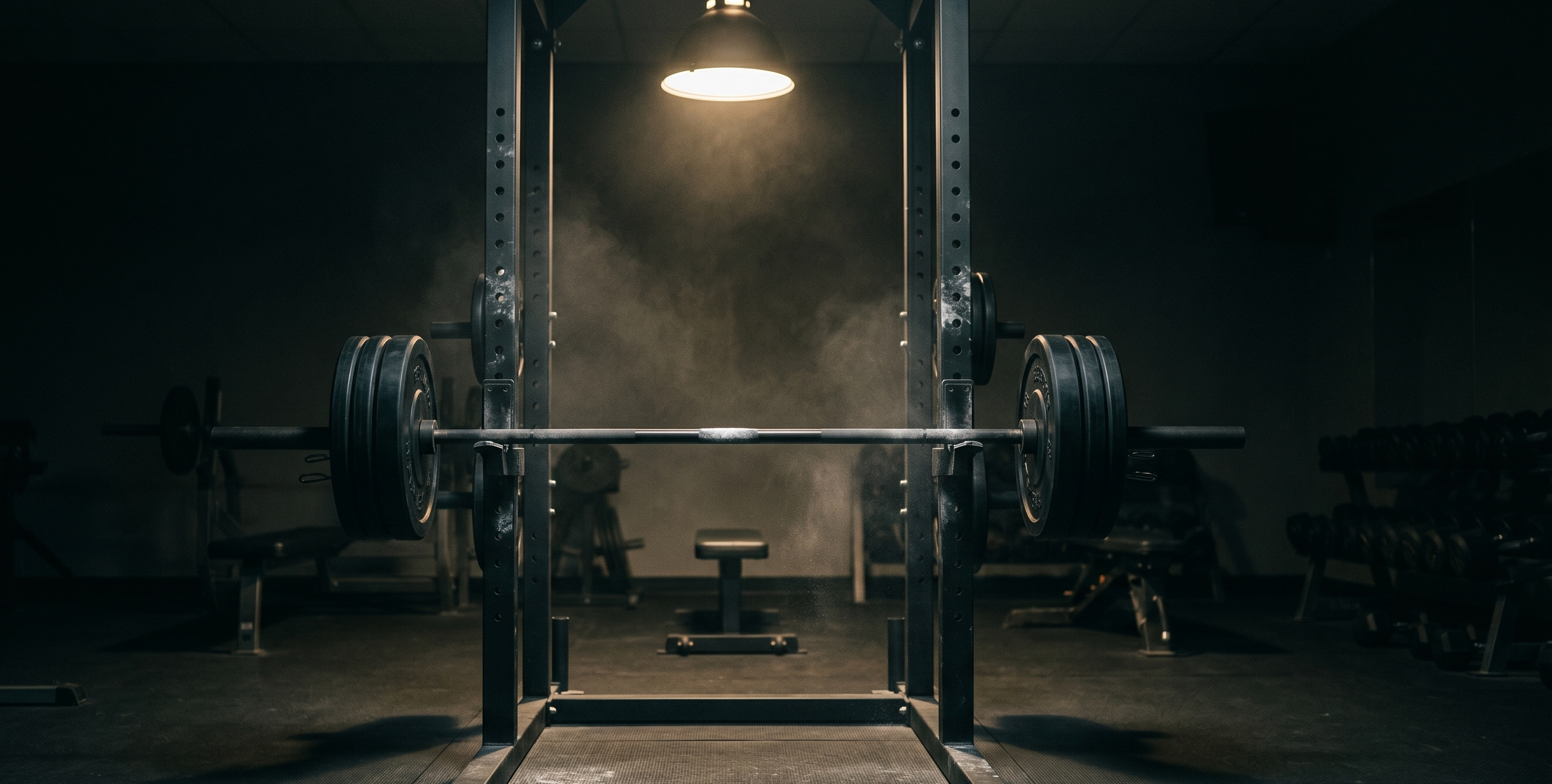 Barbell on a squat rack in a dark gym