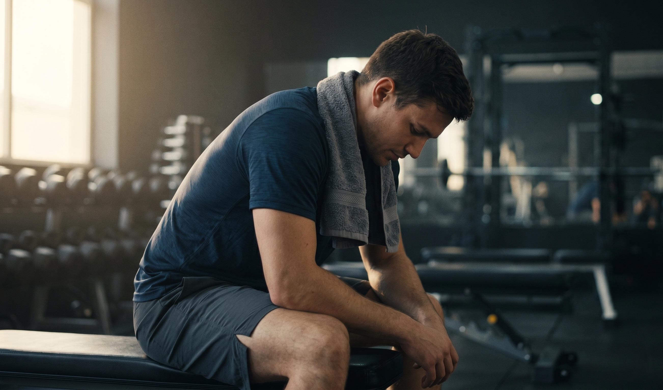 Person resting on a gym bench after a workout